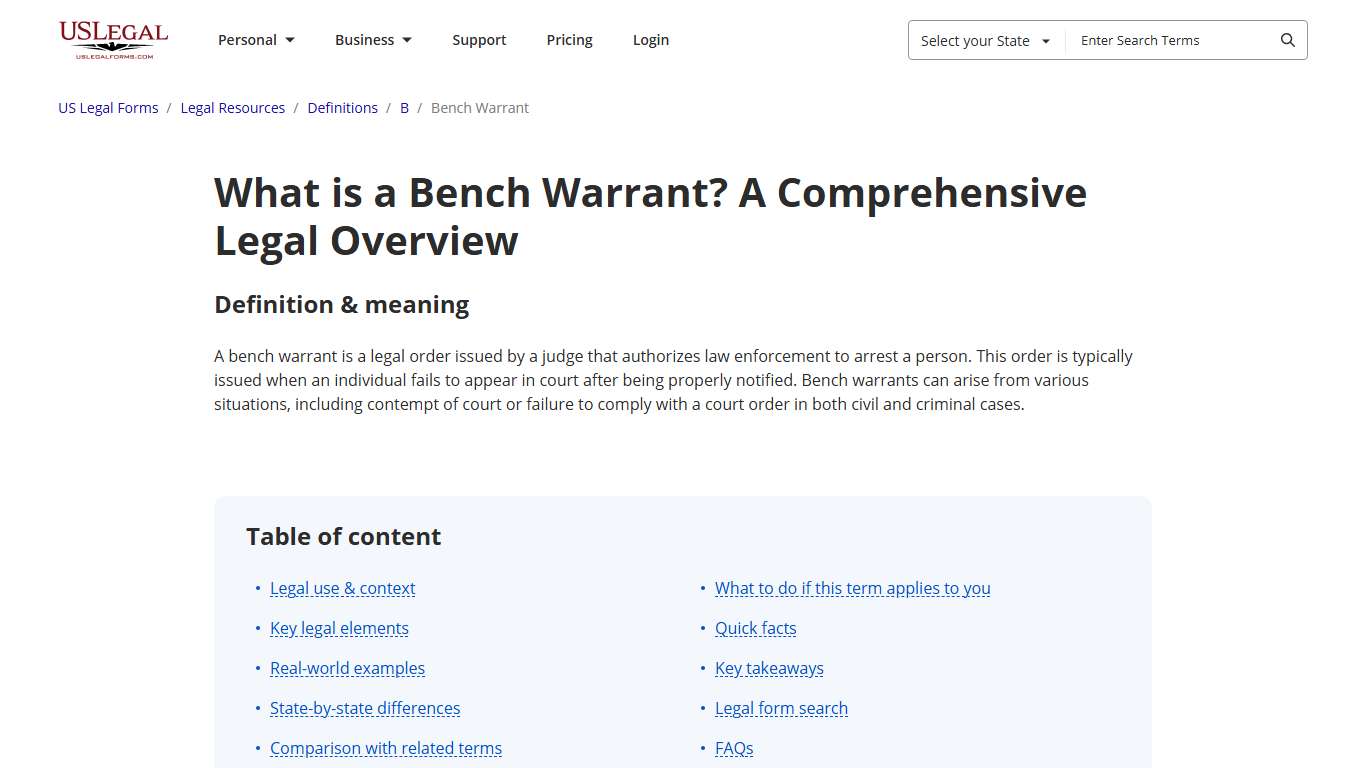 Bench Warrant: Understanding Its Legal Definition | US Legal Forms
